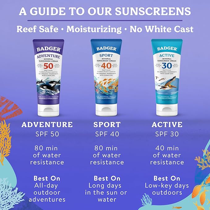 Badger Reef Safe Mineral Sunscreen, SPF 50, 98% Organic with Zinc Oxide, Non Toxic, Water Resistant, Unscented & Hypoallergenic, Broad - Spectrum, For Adventure & Sport, 2.9 fl oz (2 Pack)