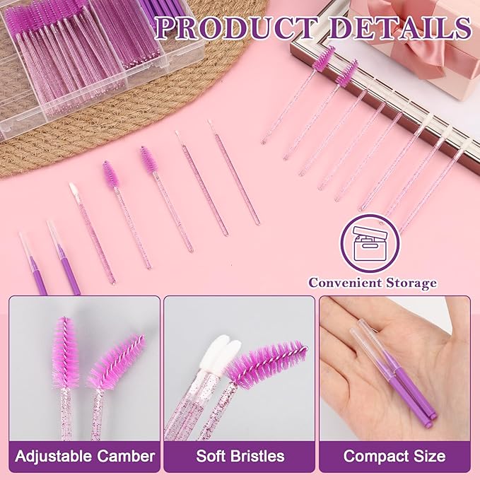 230 Pcs Brow Lamination Supplies with Plastic Box Crystal Purple Micro Eyebrow Brush Spoolies Disposable Lip Applicators Eyelash Brush Mascara Wands Micro Swabs Brow Lamination Kit for DIY Eyelash