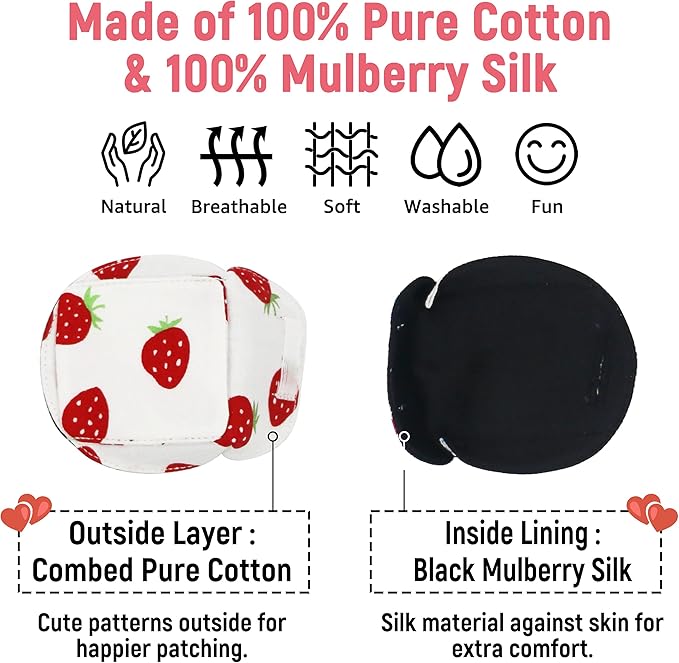 Astropic 3D Cotton & Silk Eye Patch for Kids | Girls Eye Patch for Glasses | Medical Eyepatch for Children with Lazy Eye (Strawberry, Left Eye)