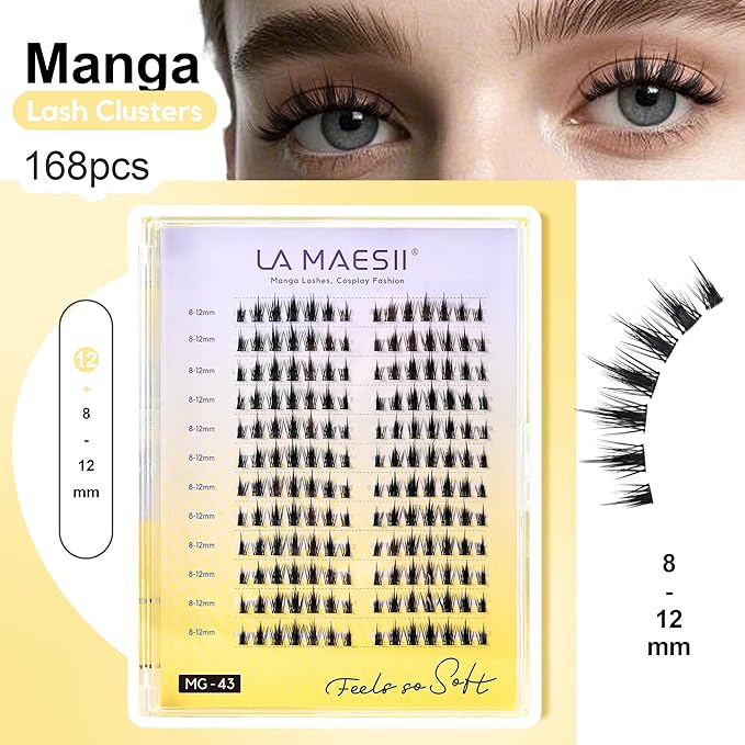 LA MAESII 168Pcs Lash Clusters, Natural Manga Eyelash Clusters, 10-14mm Individual Lashes Eyelash Extension,Large Tray(PL43)