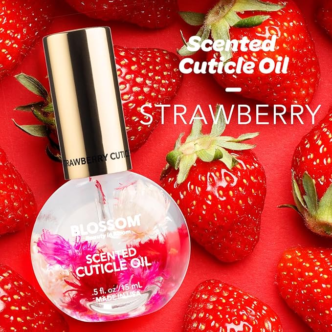 Blossom Cuticle Oil for Nails, Hydrating, Moisturizing, Scented Nail Oil Cuticle Care, Infused with Real Flowers, Made in USA, 0.5 fl. oz, Strawberry