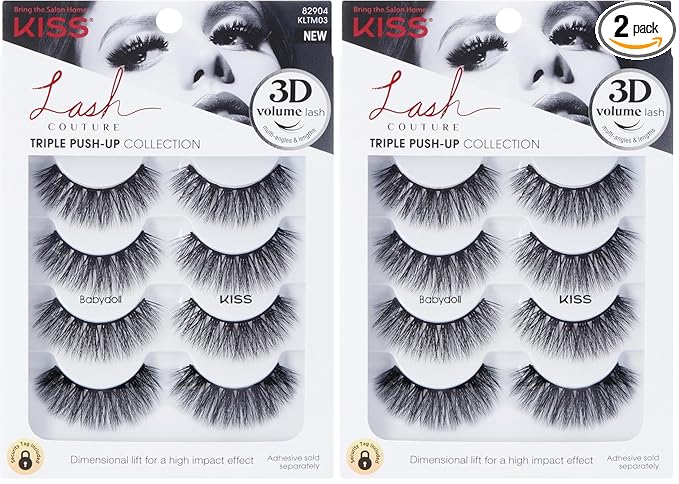 KISS Lash Couture Triple Push Up Collection Multipack, 3D Volume False Eyelashes with Triple Design Technology, Multi-Angles & Lengths, Reusable, Style 'Babydoll', 4 Pairs Fake Eyelashes (Pack of 2)
