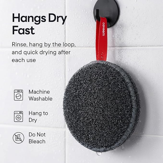 Caveem Round Exfoliating Body Scrubber, Shower Exfoliator Sponge, Body Scrub for Removing Dead Skin, Bath and Body Buffer, Round Exfoliating Sponge for Shower - 2 Pack (Dark Grey)