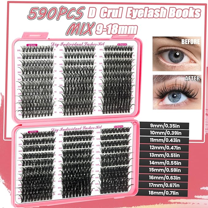 DNSGOOR DIY Lash Extension Kit 590Pcs 9-18mm D Curl Lashes Clusters with Lash Bond and Seal Glue Remover Lash Shampoo Cleansing Brush Headband Wristband Tweezers Eyelash Brush Applicator
