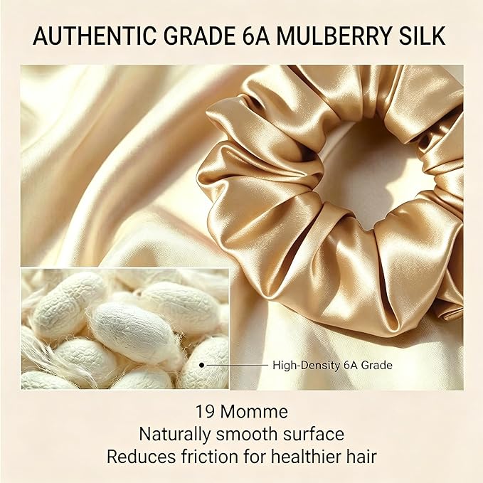 ZLYC 100% Mulberry Silk Scrunchie 19 Momme Gentle Creaseless Hair Tie for Women Dent-Free Ponytail Holder, 3.5cm Solid Champagne Gold