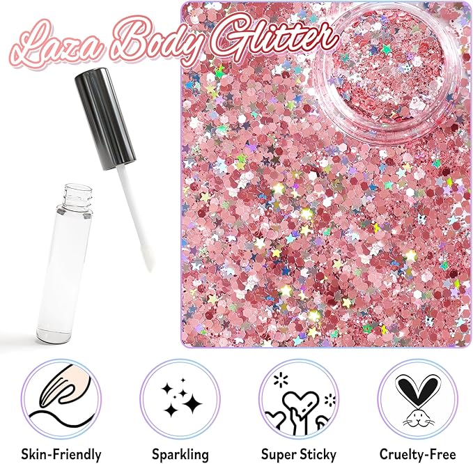 Laza Body Glitter,2 Jars Pink Holographic Chunky Sequins with Glitter Glue Perfect for Women Eyeshadow Makeup Face Paint Festival Rave Outfit Hair Accessories Carnival Party Costumes - Sakura Stardust