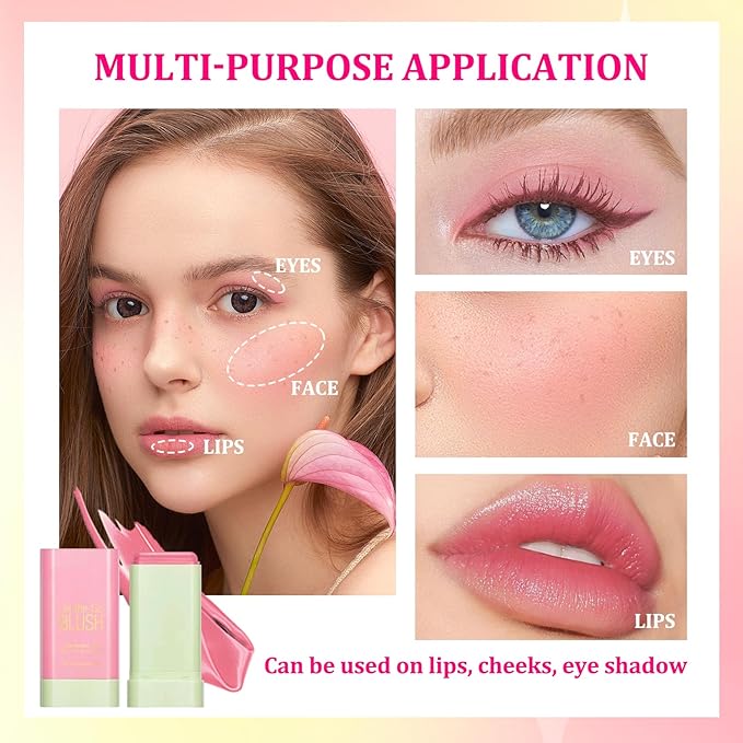 3PCS Blush Stick for Cheeks,Multi-use Solid Matte Makeup Stick Blush Cream for Cheek Eyes and Lips Tint,Moisturizing Tinted Cream Blush,Natural Blendable Cheek Blusher with 3 Makeup Sponges