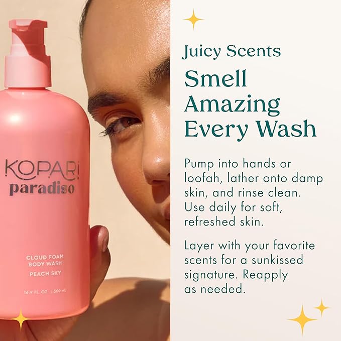Kopari Paradiso Cloud Foam Body Wash – Peach Sky | Hydrating Foaming Body Wash with Hyaluronic Acid & Vitamin E | Gentle Cleanse, Juicy Scent