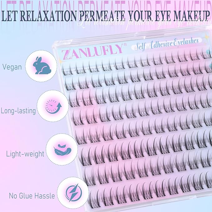 Self Adhesive Lash Clusters Natural Self Adhesive Eyelashes Wispy Pre glued Eyelash Clusters zanlufly No Glue Lashes 8-14mm Press on Eyelashes Natural Look DIY at Home
