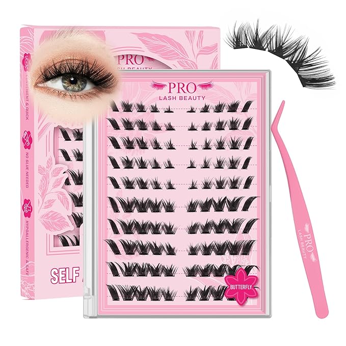 PROLASHBEAUTY Self Adhesive Eyelashes Butterfly Lash Clusters Self Adhesive Lashes No Glue Needed Lashes 10-16MM Pre Glued Eyelashes Clusters with Anti-Stick Tweezer(Butterfly,10-16mix)