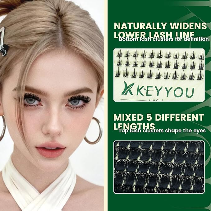 KEYYOU Lash Clusters Kit 0.03mm 300D D Curl 10-18mm Mix Thick Volume & Super Soft Upper and Manga Bottom Lash Clusters 145pcs with Bond and Seal,Applicator & Remover for DIY Lash Extension Kit at Home