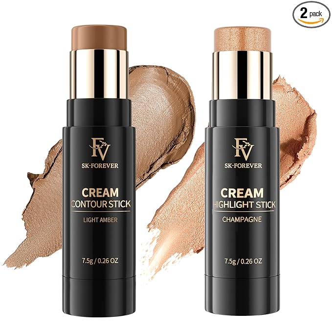 FV Cream Contour and Highlighter Stick - Highly Pigmented & Blendable for a Sculpted, Natural Glow | Waterproof & Long-Lasting Finish | Perfect for On-The-Go Makeup, 04 Light Amber & 03 Champagne