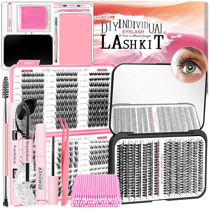 QUKLOGEN DIY Wispy Lash Extension Kit 570Pcs D Curl 6 styles Individual Lash Clusters Eyelash Extension with Lash Bond and Seal,Quick Glue Remover Tweezers Eyelash Brush Mini Applicator