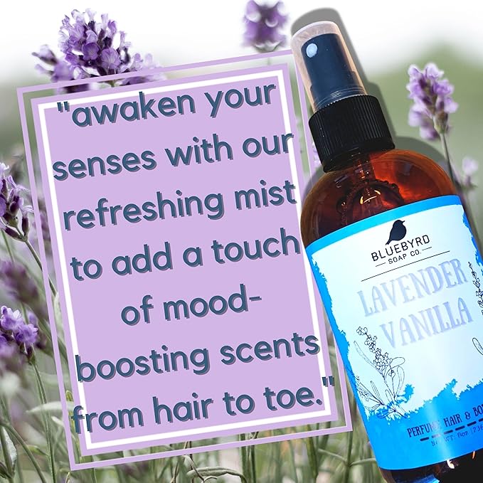 BLUEBYRD Soap Co. Lavender Vanilla Fragrance for Hair and Body | Alcohol Free Hair Perfume | Perfumed Hair and Body Mist -Sweet Vanilla & Relaxing Lavender Scent | Clean Beauty, Vegan, Free of Parabens Sulfates and Silicones | Weightless Perfume for Yo...