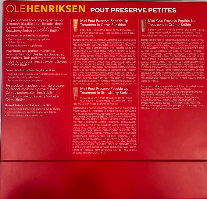 Ole Henriksen Pout Preserve Petites Lip Trio – Mini Peptide Lip Treatments in Citrus Sunshine, Strawberry Sorbet, and Crème Brûlée – 3 x 0.25 fl. oz