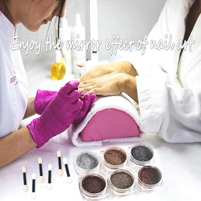 Chrome Nail Powder 6 Colors Metallic Chrome Powder for Nails Brown Bronze Gold Mirror Effect Rubbing Pigment Dust Fall Nail Art Glitter Set for Gel Polish Nail Art Design Manicure Decoration