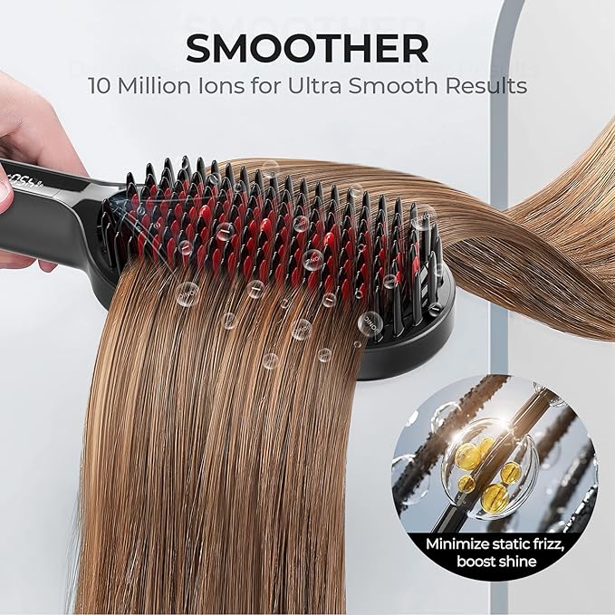 TYMO Hair Straightener Brush - Upgraded Ionic Plus Straightening Brush with Dense Bristles, 16 Temps, Dual Voltage | Ceramic Hot Comb for Women | Flat Iron for Thick Curly Hair, Black