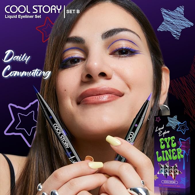 COOL STORY Liquid Eyeliner Waterproof Smudge Proof Colorful Eye Liner 24H Long-Lasting Makeup (SET-B)