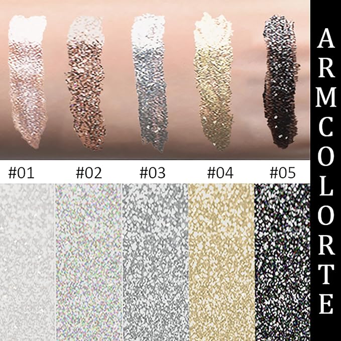 Glitter Eye Liner Liquid, 5 Colors Sparkling Diamond Metallic Eyeliner - Gold, Black, Silver, White - Waterproof Lasting Shimmer & Eyeshadow Fluid, Dazzling Eye Makeup for Women