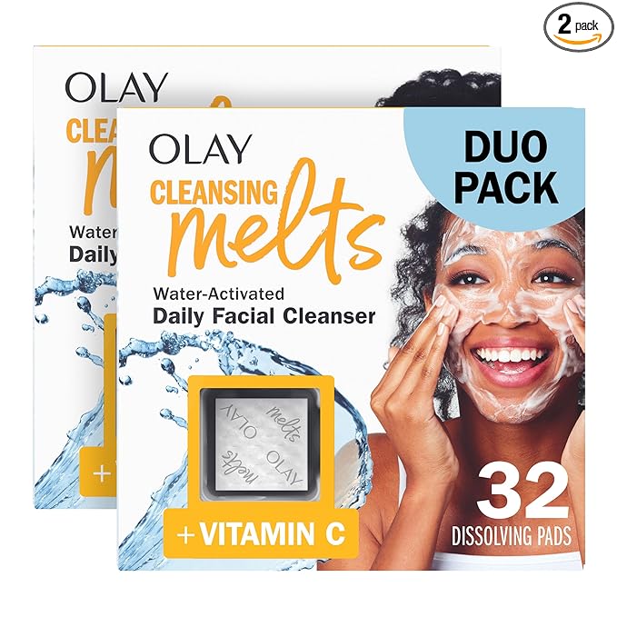Olay Face Wash, Vitamin C Cleansing Melts, Daily Use Gentle Cleanser, For All Skin Types, Travel Size, Soft Citrus Scent, Water-Activated to Clean, Tone, and Refresh, 64ct (2 Pack x 32ct)