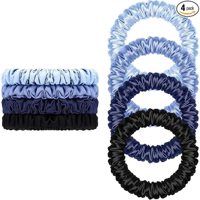 Scrunchies Hair Ties Silk Satin Scrunchy, WantGor Women 4PC Pure Mulberry Silk Skinny Elastic Scrunchies Hair Bands Bracelets Ponytail Holders Hair Accessories (Black,Blue,Navy,Lake Blue)