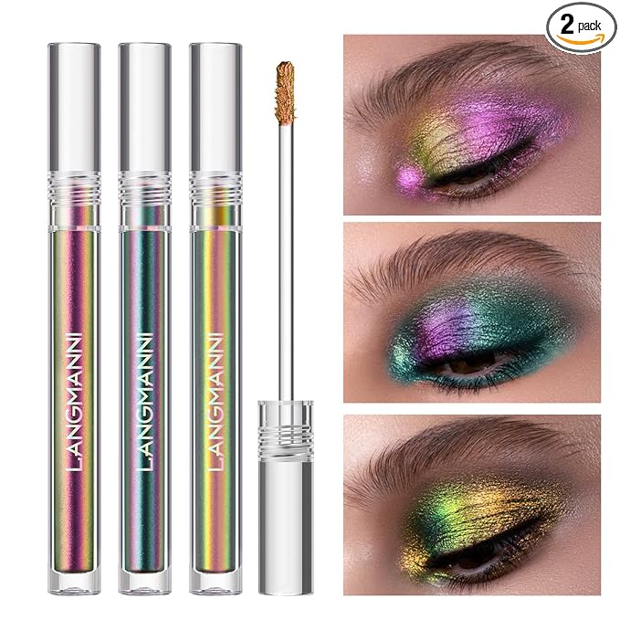 Metallic Liquid Chameleon Eyeshadow, Multi-Dimensional Eye Looks, Long-lasting Holographic Glitter Multichrome Eyeshadows Makeup (#Peacock+Wonder+Ember)