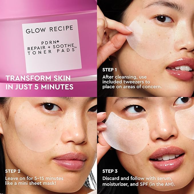 Glow Recipe PDRN+ Repair + Soothe Toner Pads - Fragrance-Free Face Toner Pads for Sensitive Skin - Barrier Repair, Redness Reducing + Calming Hydration with Centella - Korean Skin Care (60 Face Pads)