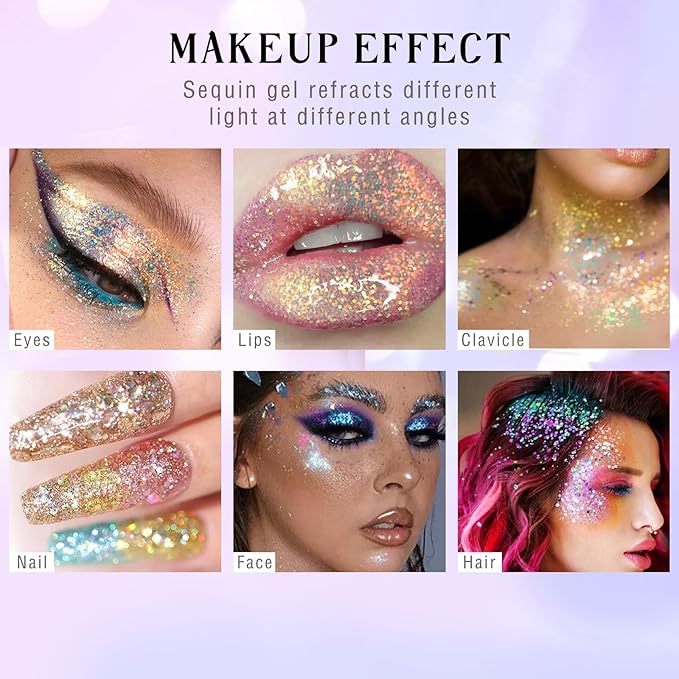 HOSAILY Roll-on Holographic Body Glitter Gel for Face Hair, Chameleon Color Changing Glitter Gel Under Light, Chunky Mermaid Sequins Festival Party Rave Accessories Shimmer Makeup (Sparkling Blue)