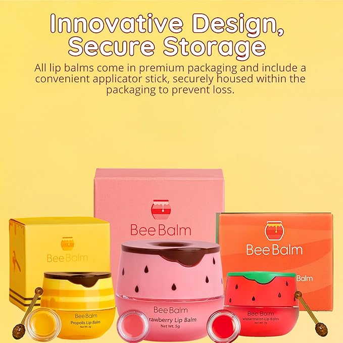 Original My Bee Balm Lip Balm – Hydrating Lip Care with Watermelon, Strawberry & Honey Pot – Moisturizing Balm for Dry, Chapped & Cracked Lips with Propolis, Honey & Vitamin E