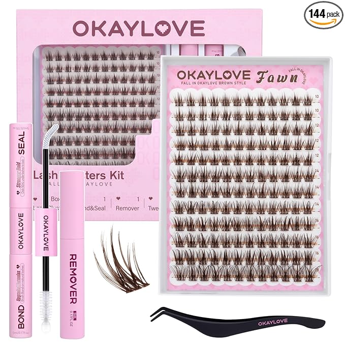 OKAYLOVE Brown Lash Clusters Kit, FAWN 10-18mm Wispy Clusters Lashes Kit Natural Eyelash Clusters Kit, 144pcs CC Curl Eyelashes Extension Kit Individual Lashes with Bond and Seal, Remover, Tweezers