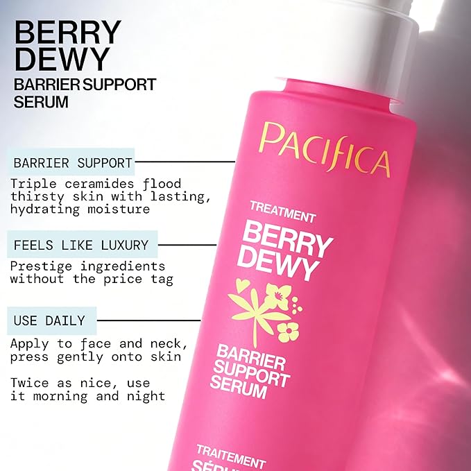 Pacifica Berry Dewy Barrier Support Serum, Ceramide and Niacinamide Face Serum, Snow Mushroom and Berry Complex, Lightweight Gel Texture, Non-Comedogenic, Vegan and Cruelty-Free