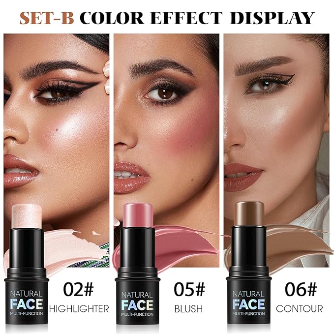 3Pcs Cream Contour Kit - Cream Blush, Highlighter, Contour Bronzer for Cheeks, Waterproof Long Lasting Blendable, Contour Stick Trio for Face Makeup (#02, 05, 06)
