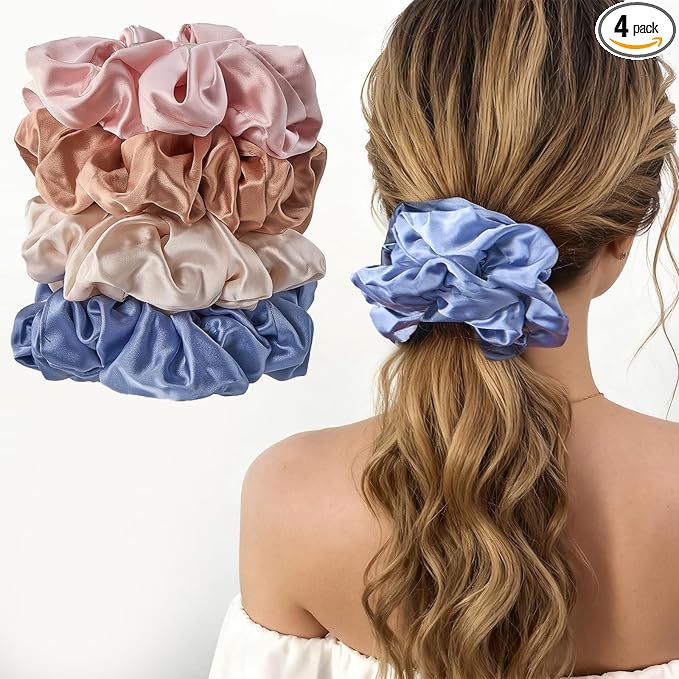 Lolalet Big Satin Scrunchies for Women, 5.9 Inch Large Oversized Scrunchie, Soft Jumbo/Giant Scrunchies Hair Ties for Thick & Curly Hair -4 Pack, Blue/Caramel/Pink/Champagne