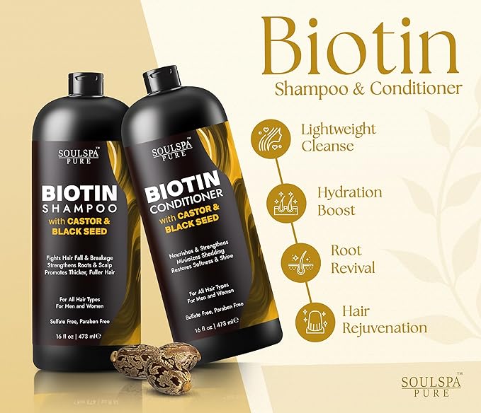 SOULSPA PURE Castor Oil & Black Seed Biotin Shampoo and Conditioner Set - Sulfate Free Nourishing Formula for Thinning Hair & Dry Scalp - Deep Moisture for Men & Women - Made in USA - 16 fl oz Each
