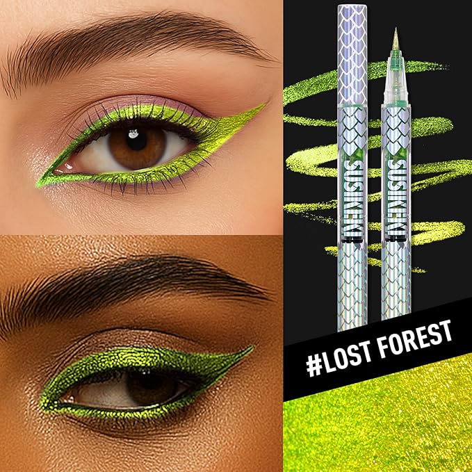 SUSIKEKI Chameleon Metallic Duochrome Liquid Eyeliner, Color Shifting Shimmery Eye Liner, Duo-color Waterproof Long Lasting Glitter Eye Makeup Pen Eyeliners (Lost Forest)