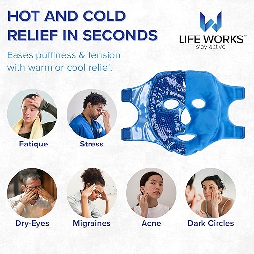 LIFE WORKS Gel Bead Face Mask, Cooling Eye Mask for Puffy Eyes and Headache, Hot or Cold Face Pack for Migraine Relief, Reusable Cold Wrap for Eyes, Cheeks, Forehead, and Nose
