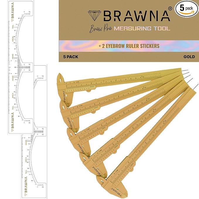 BRAWNA 5 Pcs Brow Pro Measuring Tool with Eyebrow Stickers - Double Scale Eyebrow Calipers Ruler for Microblading & Makeup Artists - Plastic - Gold