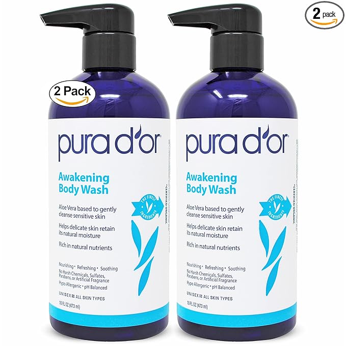 PURA D'OR Awakening Body Wash (16oz x2 = 32oz) Aloe Vera, Chamomile, Lavender, Tea Tree for Invigorating Earthy Scent, pH Balanced for Moisturized Soft, Fresh-Feeling Skin, All Skin Types, Men & Women