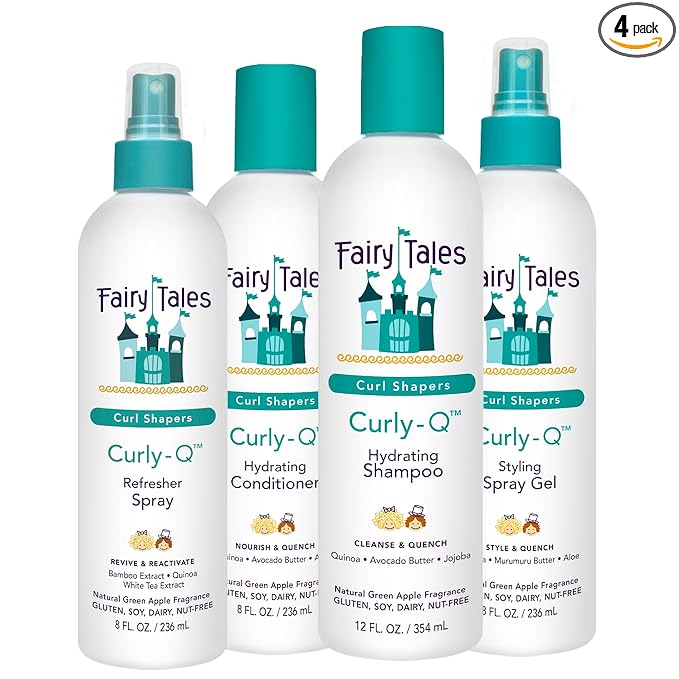 Fairy Tales Curly Q Hydrating Kids Shampoo 12oz, Conditioner 8oz, Styling Spray Gel 8oz & Refresher Spray 8oz - Paraben, Sulfate, Gluten & Nut Free - All Curl Types Incl. Multi Cultural Hair (4 Pk)