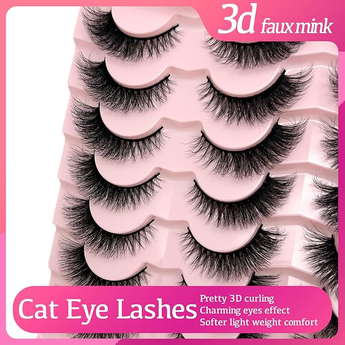 Cat Eye Lashes Natural Look 3D Mink Strip Lashes Wispy Short Fox Eye Eyelashes Mink Fluffy Lash Strips Cateye Faux Mink False Eyelashes Pack