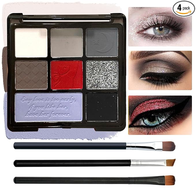 Black Grey Smoky Eyeshadow Palette,15 Colors Matte Shimmer Pigmented Eye Shadow Makeup Palette Set with 3 Eyeshadow Brushes,Glitter Eye Shadow Palette for Daily Halloween Goth Makeup(O)