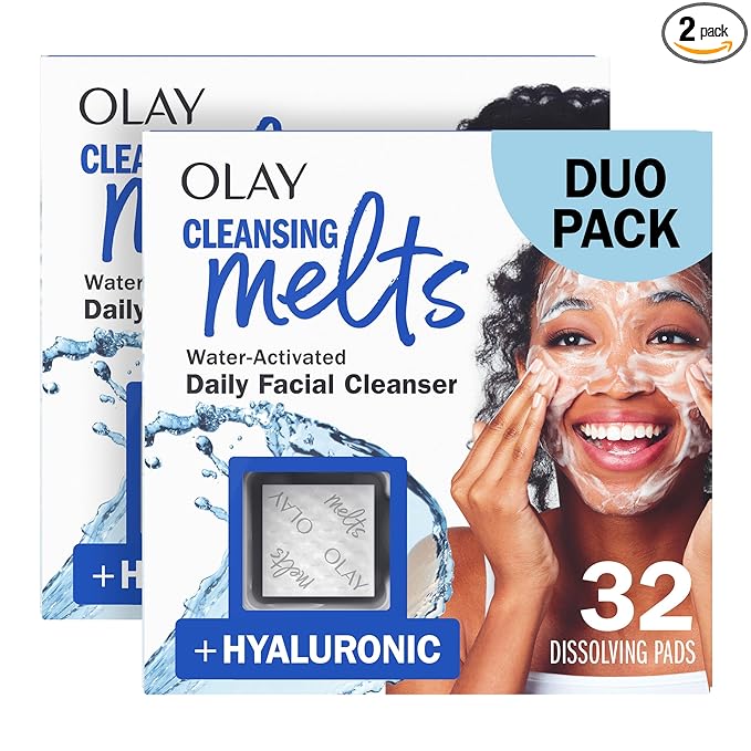 Olay Face Wash, Hyaluronic Acid Cleansing Melts, Fragrance-Free, Daily Use Gentle Cleanser, For All Skin Types, Travel Size, Water-Activated to Clean, Tone, and Refresh, 64ct (2 Pack x 32ct)