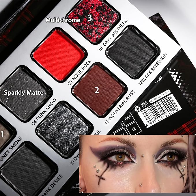 Afflano Goth Makeup Gray Black Eyeshadow Palette, Grunge Smokey Eye Eyeshadow Palette Highly Pigmented, Blendable Chrome Glitter Silver White Grey Dark Red Eye Shadow Palette, Emo SFX Halloween Makeup