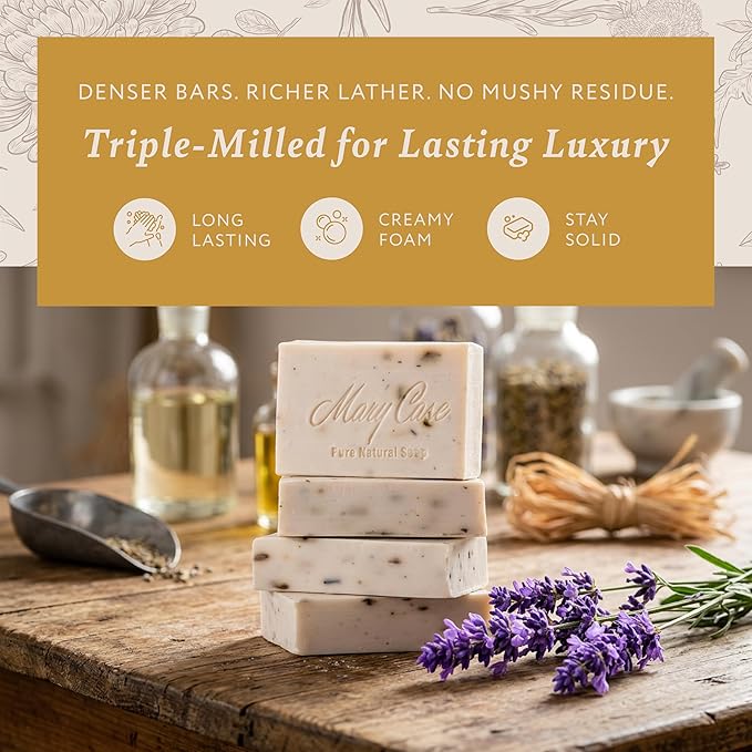 Mary Case Lavender Bar Soap Set of 4 | Natural Soap with Olive, Coconut & Oils + Dried Flowers | Vegan Bath Soap for Men & Women | Gentle Cleansing & Hydrating Skin