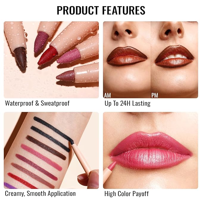 Oulac Lipstick & Lipliner Set 3PCS High Impact Lipcolor with Moisturizing Formula, Vegan Beauty, Full-Coverage Lip Color, Gift Lipstick for Women, LL06+GM03+PG07