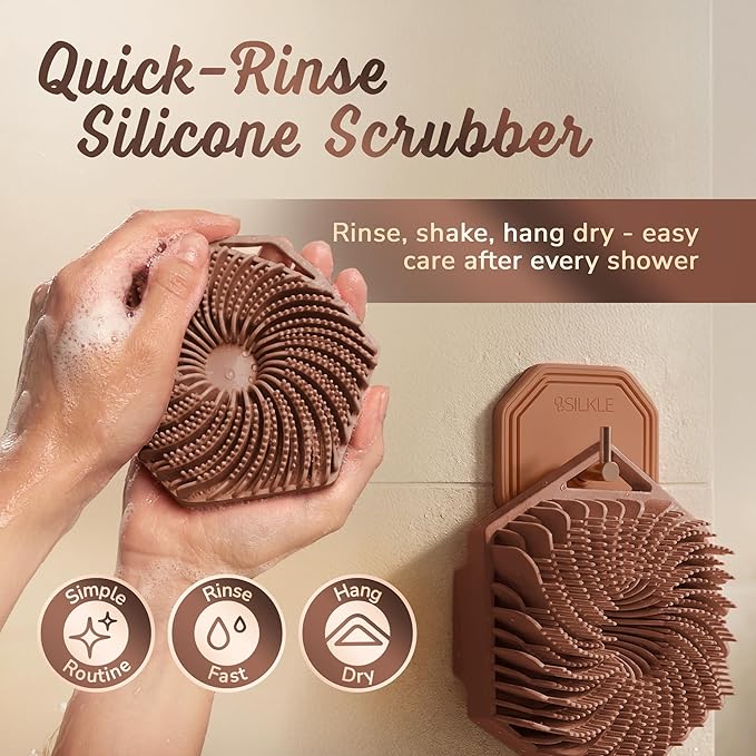 SILKLE Silicone Body Scrubber – Gentle Exfoliating Shower Scrubber for Body & Bath, Silicone Shower Brush & Loofah Alternative – Non-Slip Silicone Body Brush, Quick Dry, Hygienic - Brown