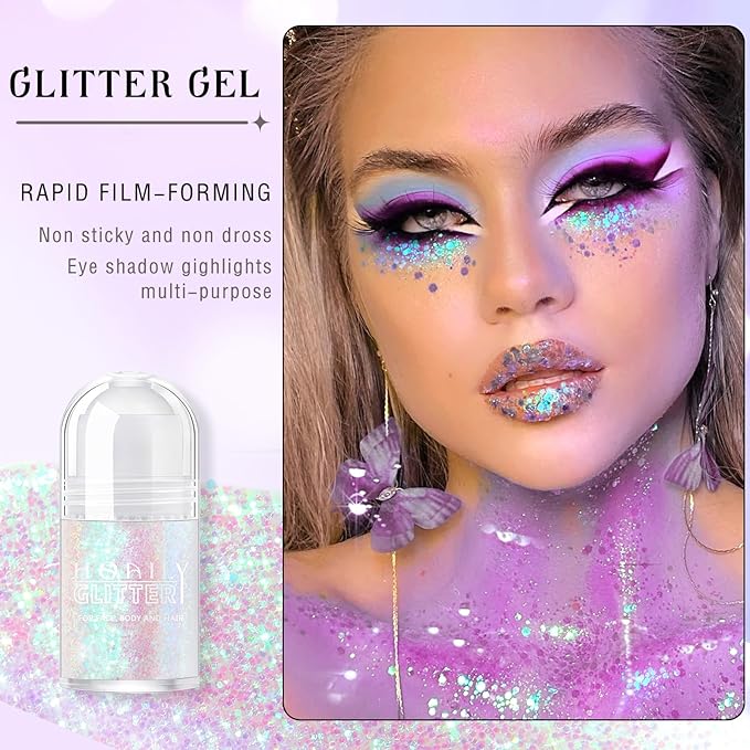 HOSAILY Roll-on Holographic Body Glitter Gel for Face Hair, Chameleon Color Changing Glitter Gel Under Light, Chunky Mermaid Sequins Festival Party Rave Accessories Shimmer Makeup (Mermaid)