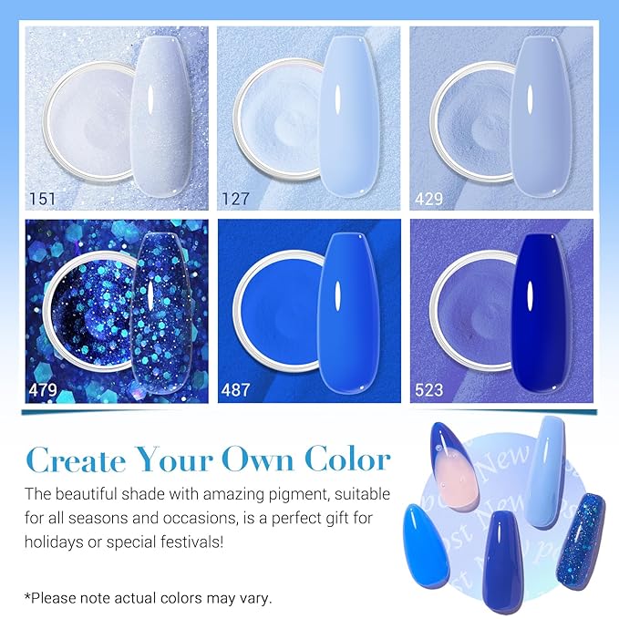AZUREBEAUTY Dip Powder, Sky Blue Glitter 6 Colors Dipping Powder Starter Kit French Nail Art Manicure DIY Salon for Women, No Need Nail Lamp Cured