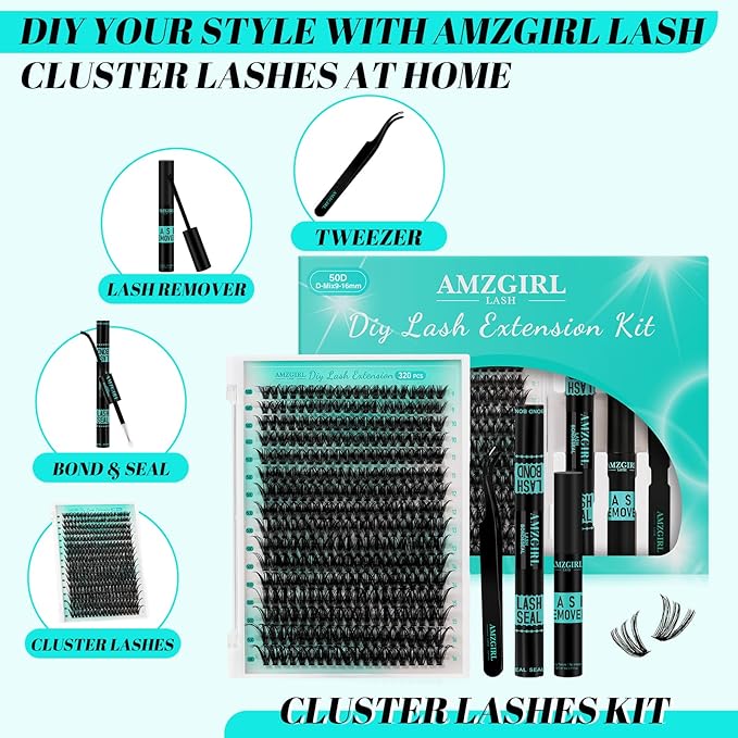 Lash Clusters Kit,DIY Individual Lashes Extension Kit,Lash Bond And Seal,Lash Remover For Eyelashes Extensions,Lash Applicator Tool For False Eyelash Cluster Kit（320PCS, 50D, 9-16mm）