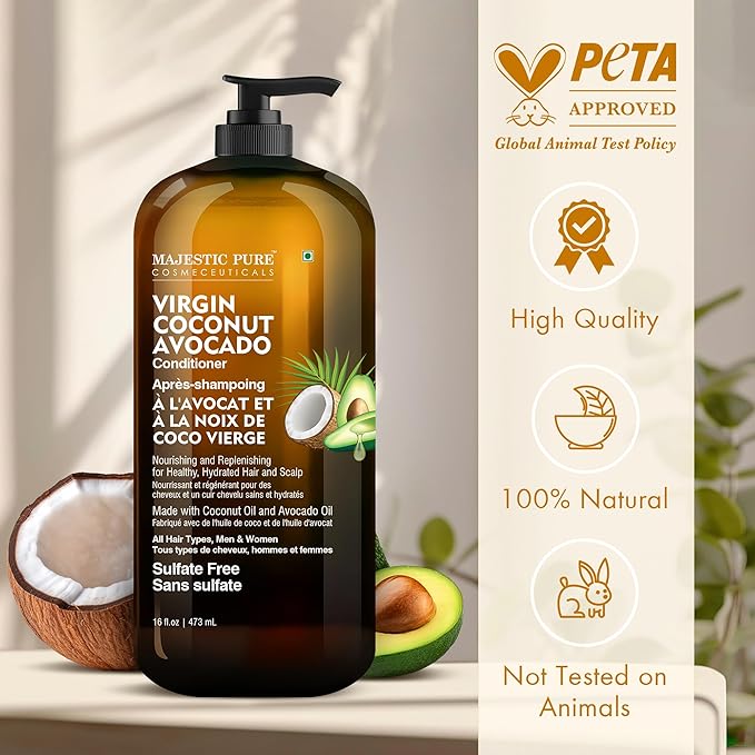 Majestic Pure Avocado Coconut Conditioner - Vitamin Enriched Gentle Hair Conditioner Formula Nourishes Dry & Damaged Hair - for Daily Use, Sulfate Free, for All Hair Types- 16 fl. oz.
